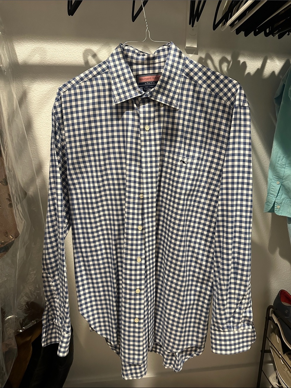 Vineyard Vines Men's Navy and White Gingham Button-Down Shirt
